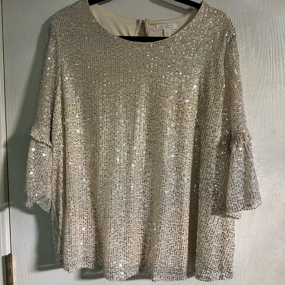 LC Lauren Conrad Sparkling Beige Sequin Blouse XL